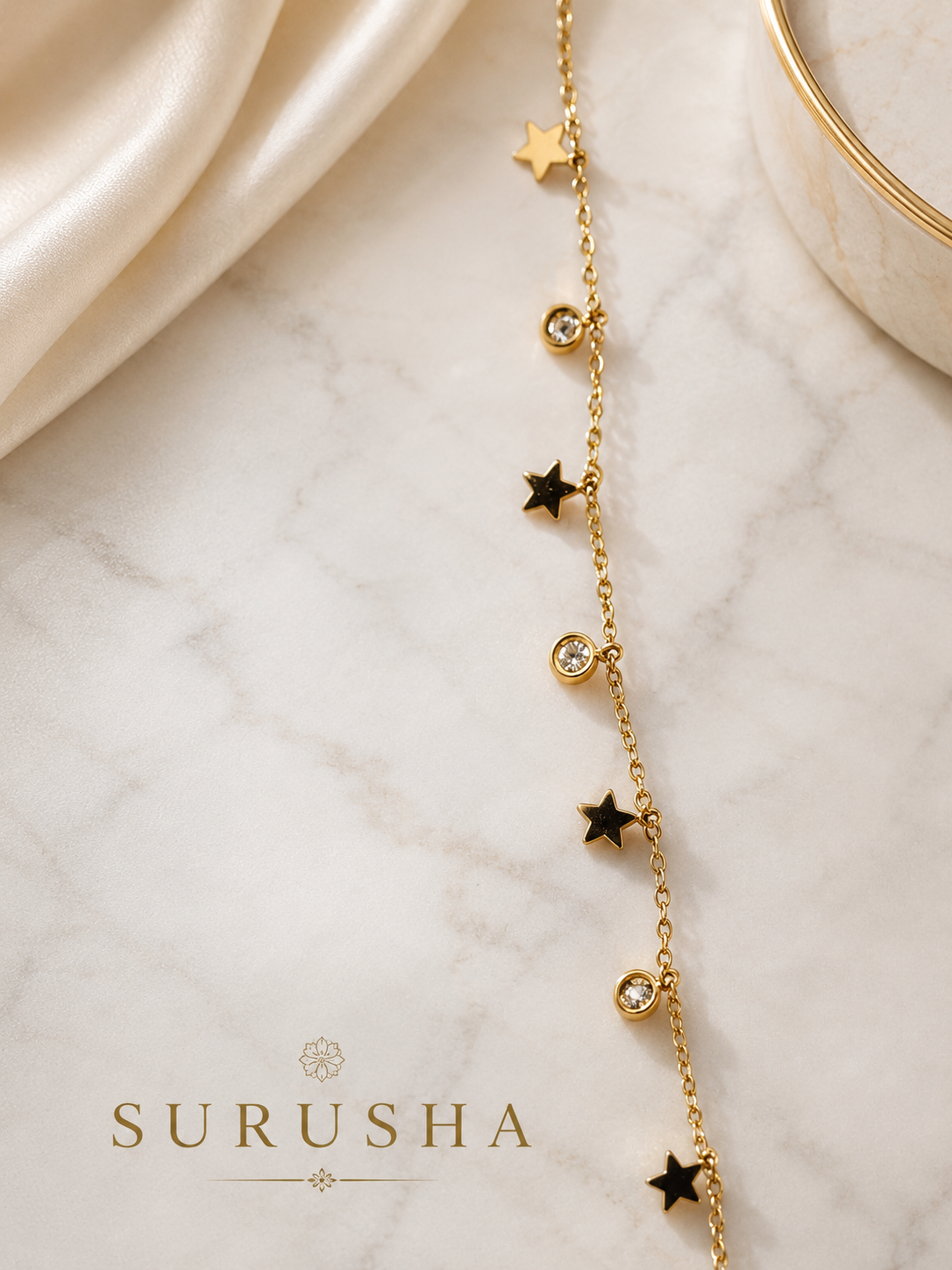 Star and Crystal Charm Anklet gold finish cable chain by Surusha