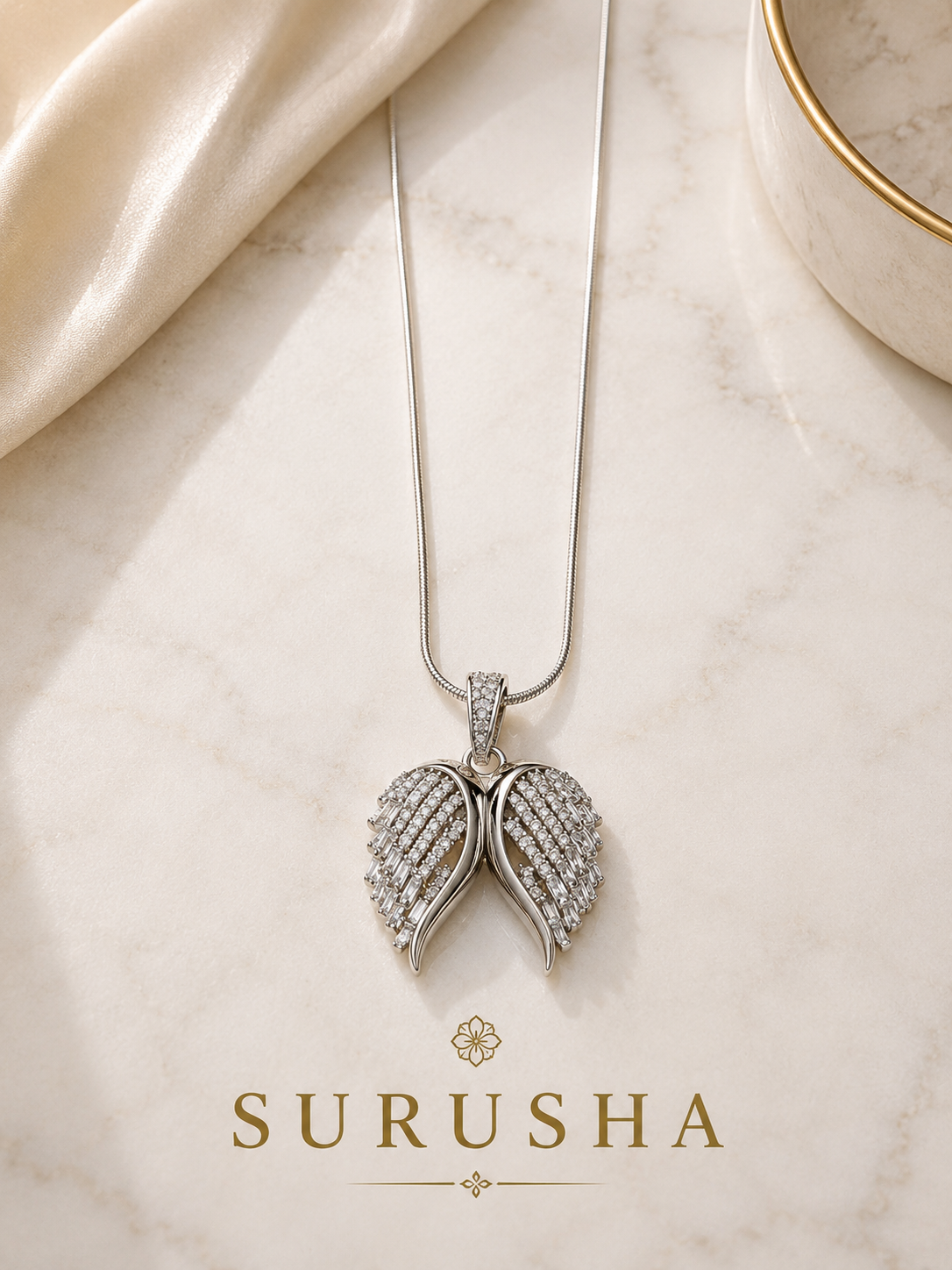 Crystal Angel Wings Pendant Necklace silver finish snake chain by Surusha