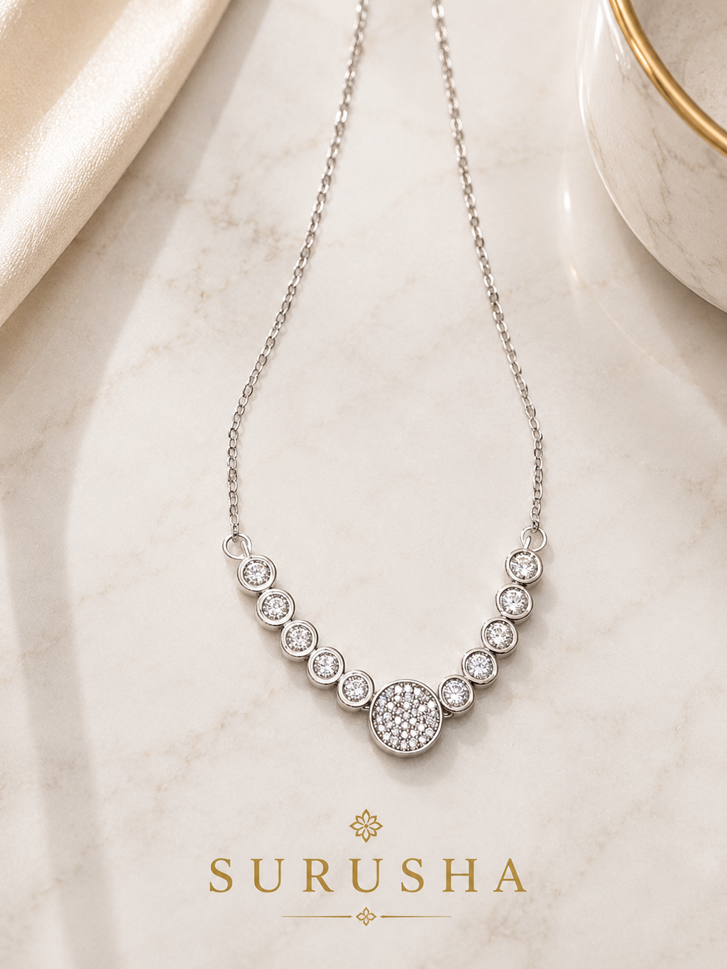 Graduated CZ Bubble Necklace silver finish cable chain by Surusha
