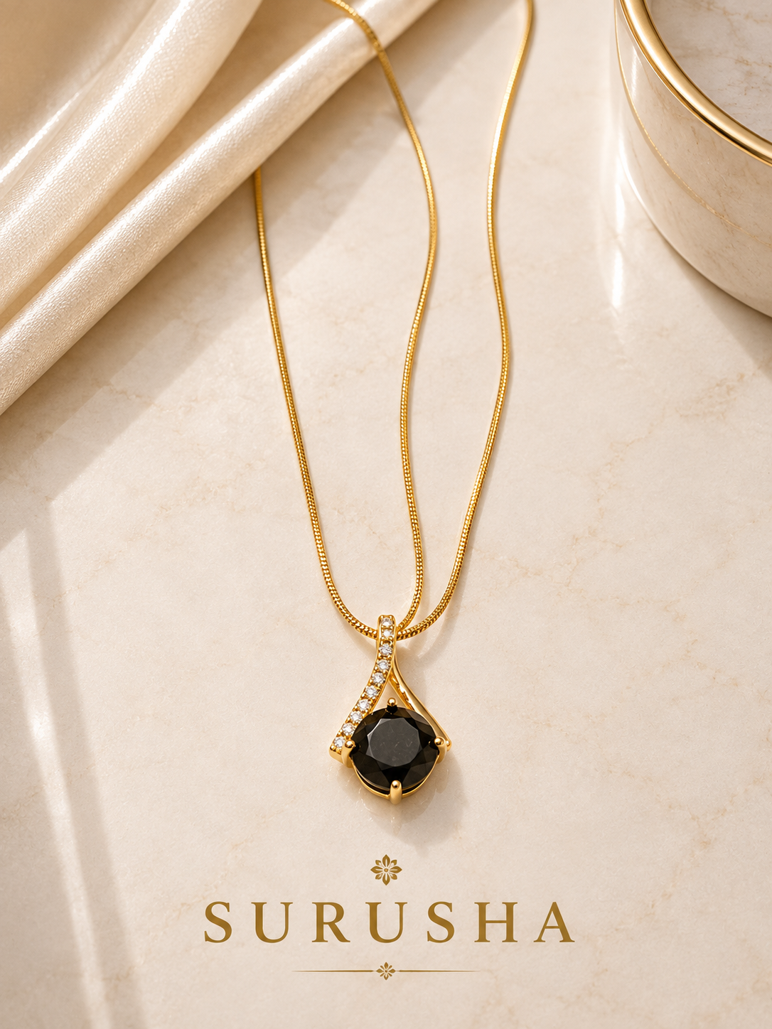 Black Stone Geometric Pendant Necklace gold finish snake chain by Surusha