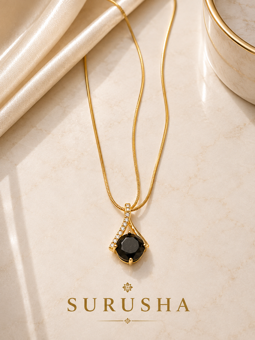 Black Stone Geometric Pendant Necklace gold finish snake chain by Surusha